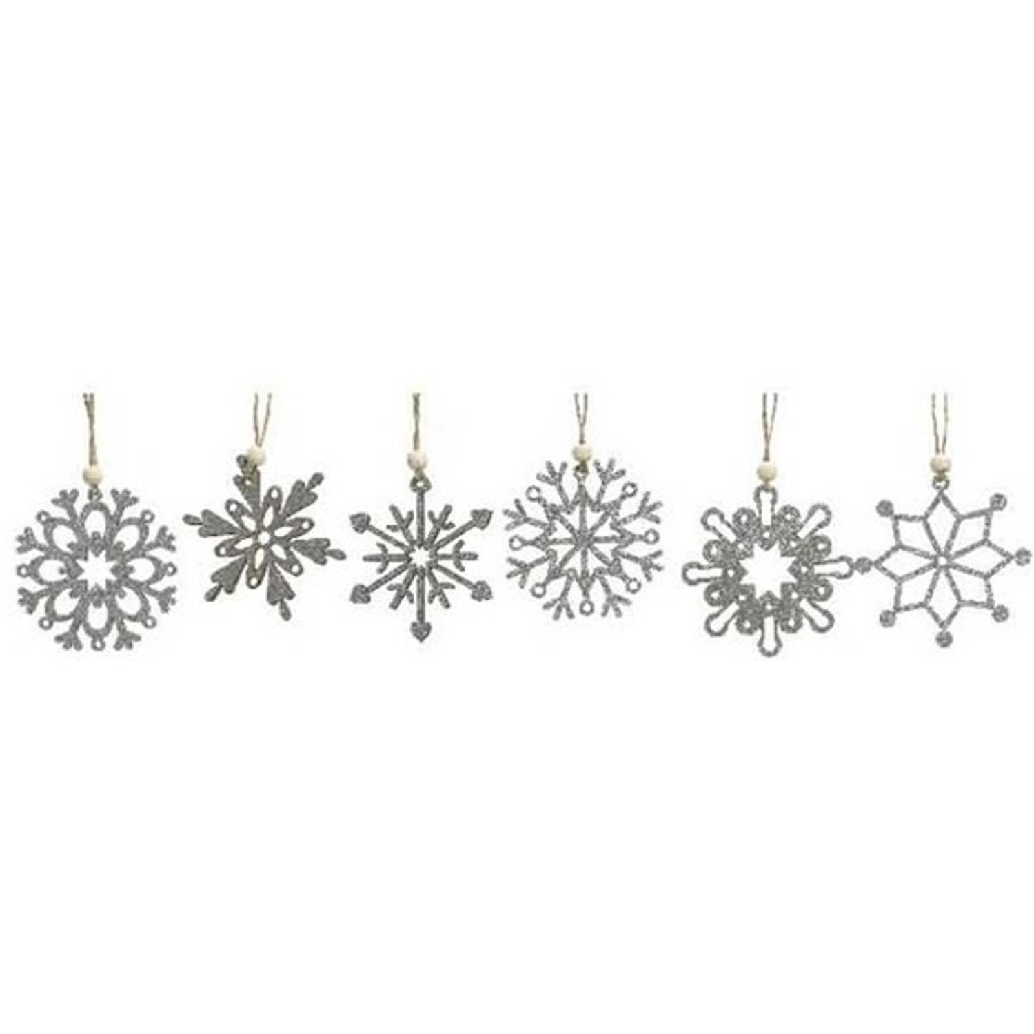 6x Houten Sneeuwvlok Kersthangers Zilver 6 Cm Kerstboomversiering