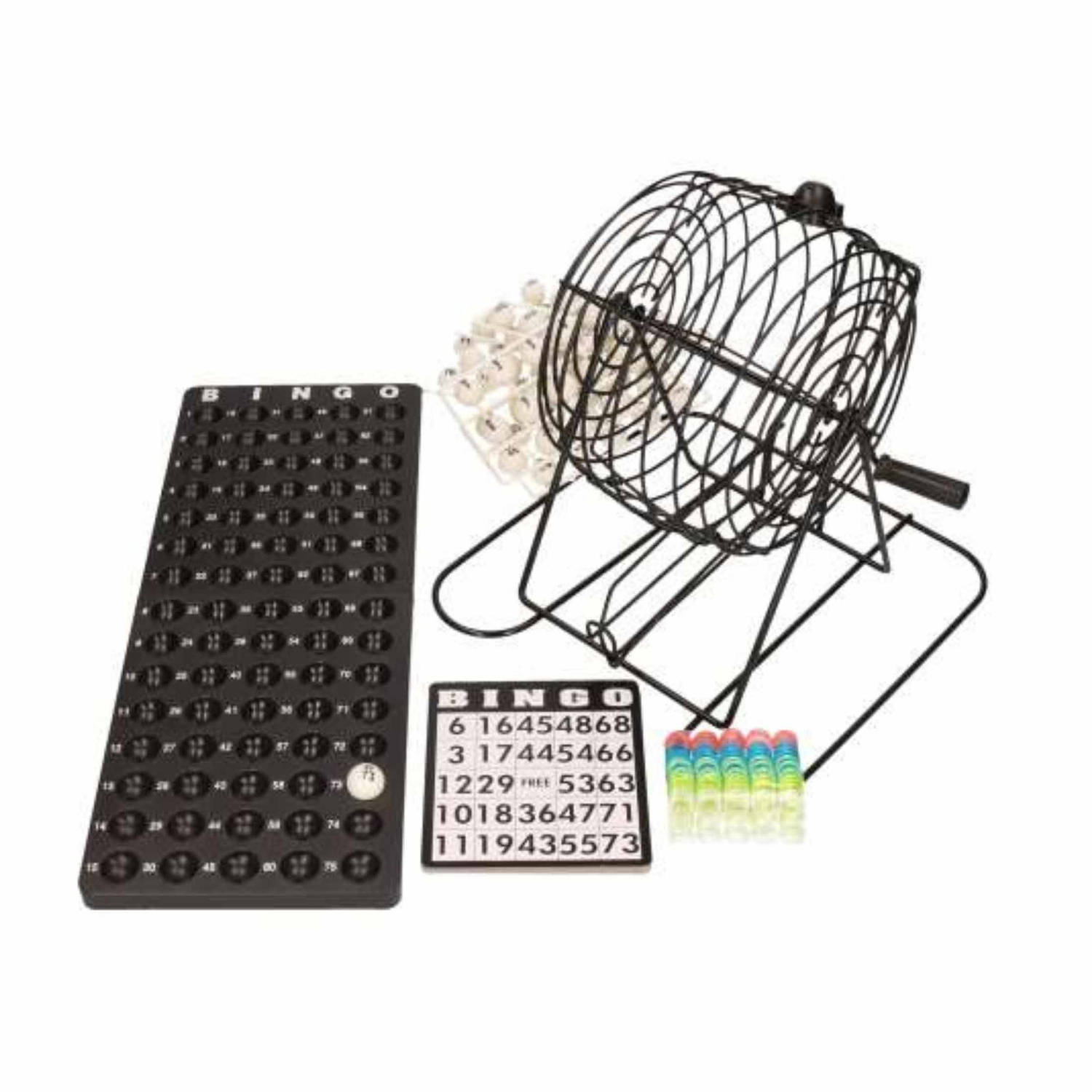 Bingo spel zwart/wit complete cm nummers 1-75 met molen/168x bingokaarten/2x stiften - Kansspelen