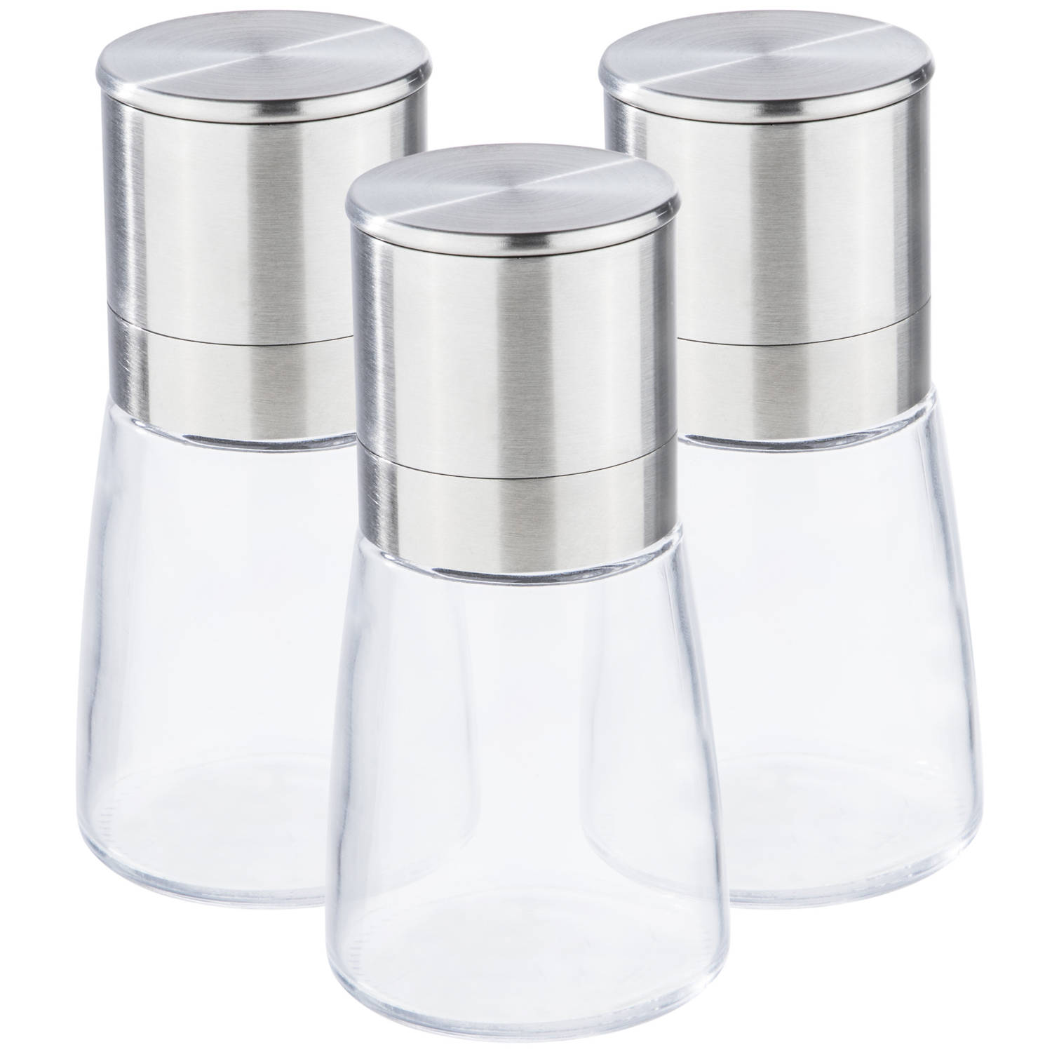 Set Van 3x Stuks Kruidenmolen-pepermolen-zoutmolen Rvs-glas Transparant-zilver 13 Cm Peper En Zoutst