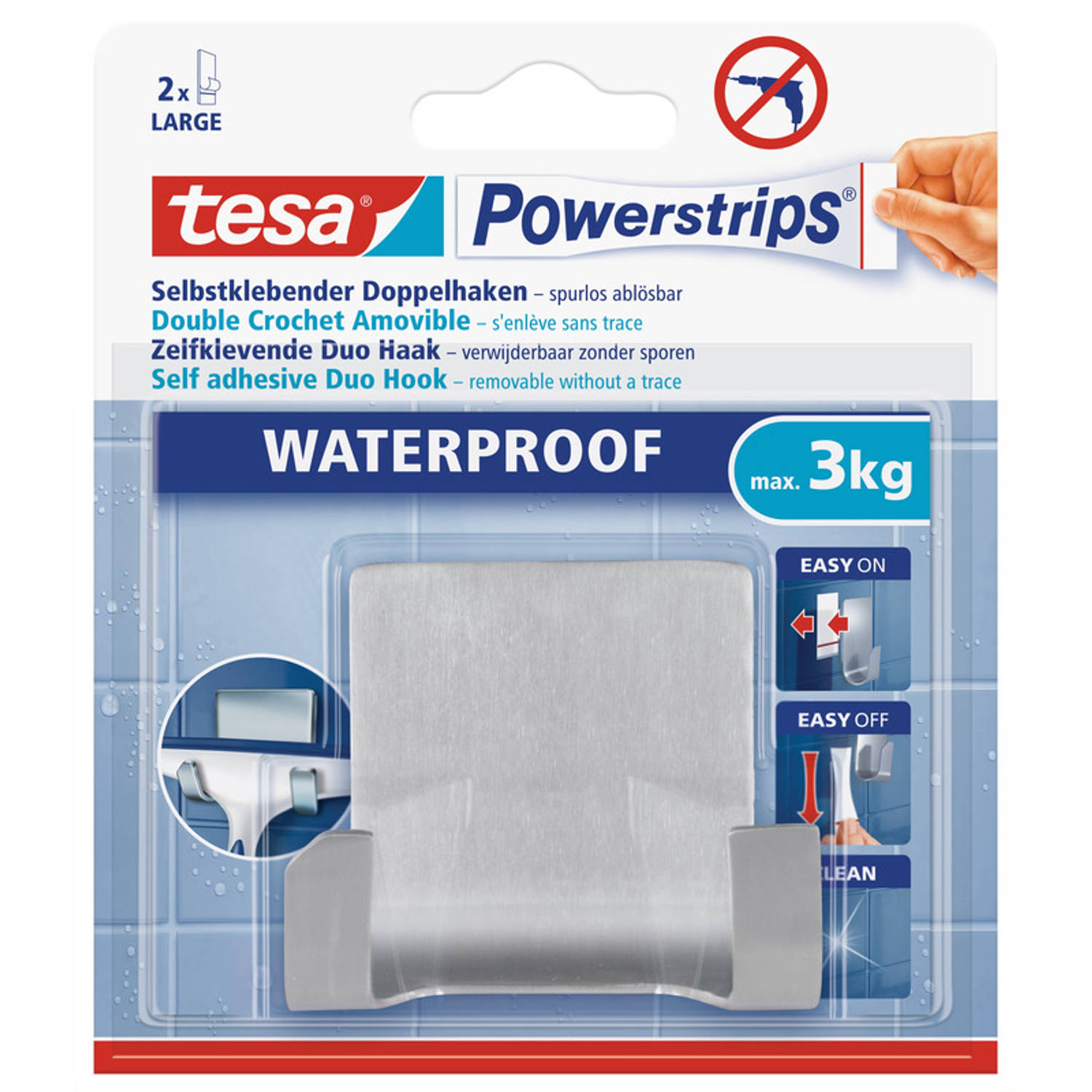 Powerstrips RVS dubbele haak waterproof Tesa 2 stuks - Handdoekhaakjes