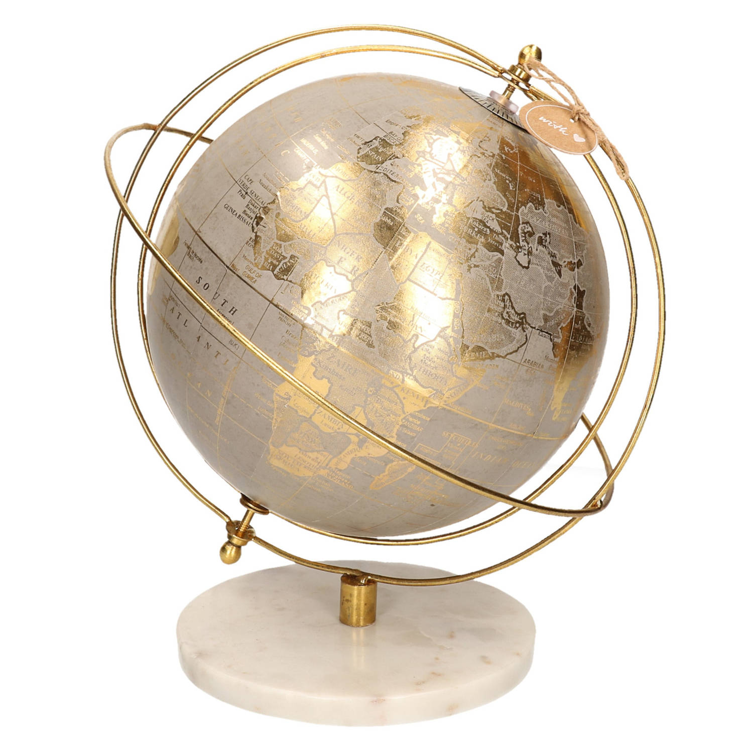 Decoratie wereldbol/globe goud/grijs op marmeren voet 25 x 28 cm - Wereldbollen