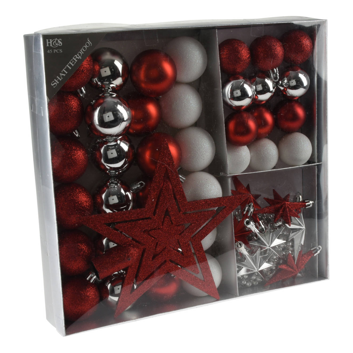 Set 44-delig kunststof kerstboomversiering rood/wit/zilver met kerstballen, slingers en piek - Kerstbal
