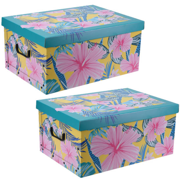 Opbergdoos/opberg box van karton met bloemen print blauw 51 x 37 x 24 cm - Opbergbox