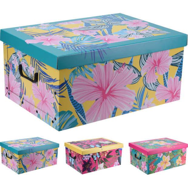 Opbergdoos/opberg box van karton met bloemen print blauw 51 x 37 x 24 cm - Opbergbox