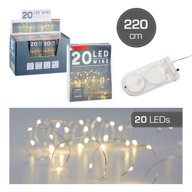 Draadverlichting - zilver- 20 LED - warm wit - 220 cm - kleine batterij houder - Lichtsnoeren