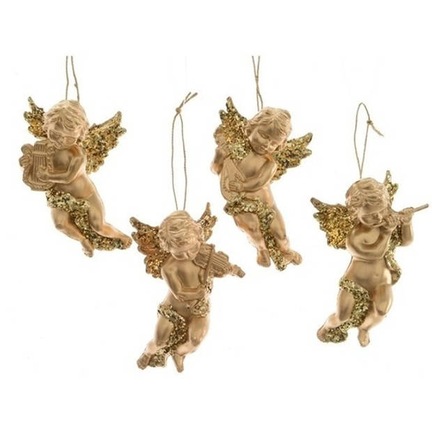 4x Kerst hangdecoratie gouden engeltjes met muziekinstumenten 10 cm - Kersthangers