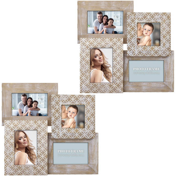 2x stuks multi fotolijst hout naturel/wit vintage met 4 lijstjes geschikt voor diverse maten foto - Fotolijsten