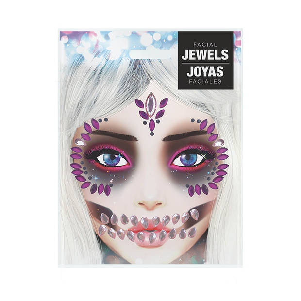 Halloween Plak diamantjes schedel/sugarskull gezicht versiering lila paars - Verkleedgezichtdecoratie