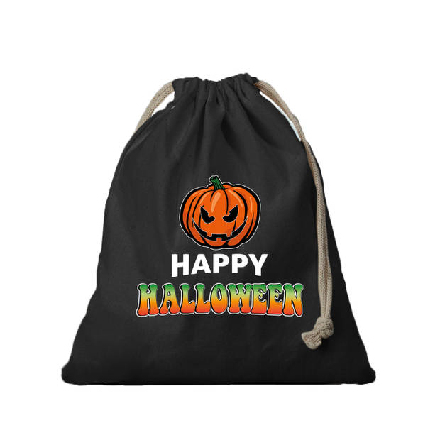 1x Katoenen happy halloween snoep tasje met pompoen zwart 25 x 30 cm - Verkleedtassen