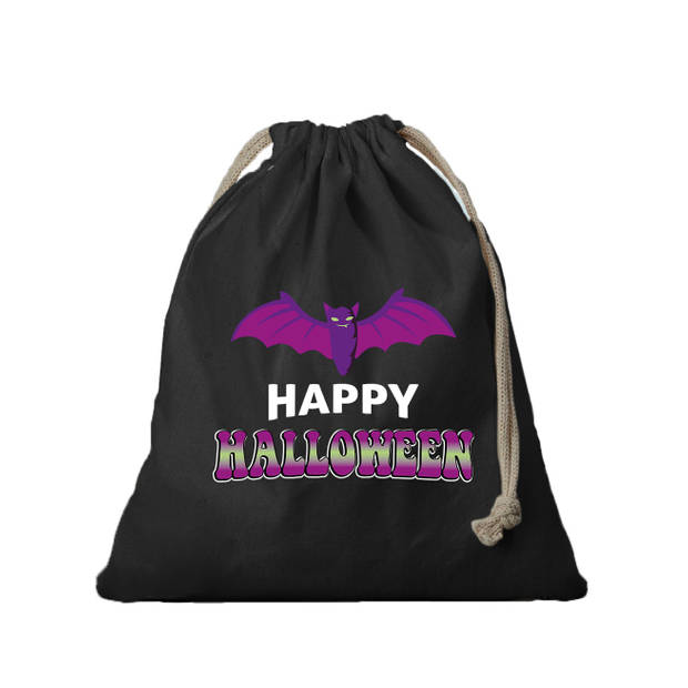 Halloween K1x atoenen happy halloween snoep tasje met vleermuis zwart 25 x 30 cm - Verkleedtassen
