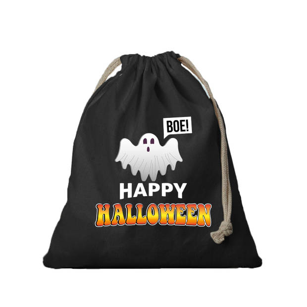 Halloween 1x Katoenen happy halloween snoep tasje met spook zwart 25 x 30 cm - Verkleedtassen