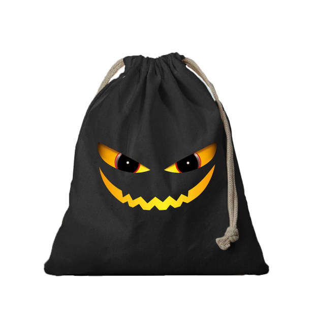 1x Katoenen Halloween snoep tasje duivel gezicht zwart 25 x 30 cm - Verkleedtassen