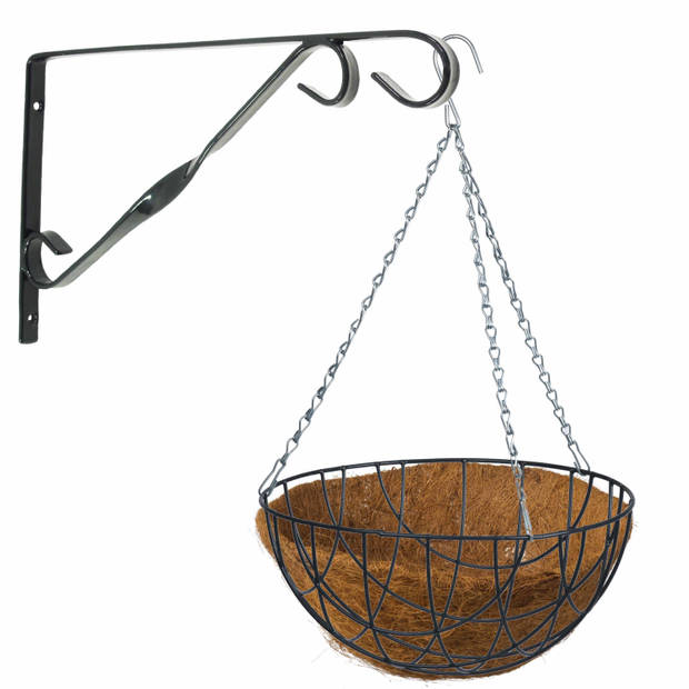 Hanging basket 30 cm met klassieke muurhaak groen en kokos inlegvel - metaal - complete hangmand set - Plantenbakken