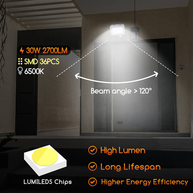 LED Bouwlamp met Sensor - Aigi Zuino - 30 Watt - Helder/Koud Wit 6500K - Waterdicht IP65 - Kantelbaar - Mat Grijs -