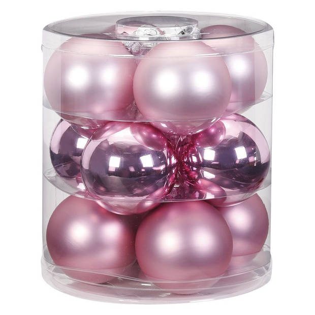 12x stuks glazen kerstballen roze 8 cm glans en mat - Kerstbal