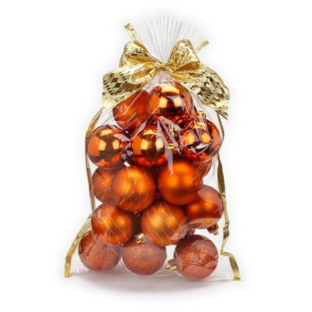 20x stuks kunststof kerstballen oranje/koper mix 6 cm in giftbag - Kerstbal