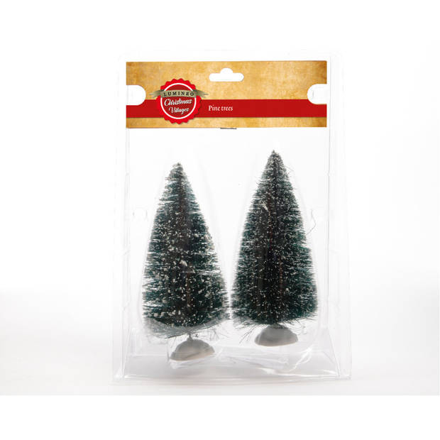 2x stuks kerstdorp onderdelen miniatuur kerstbomen groen 15 cm - Kerstdorpen