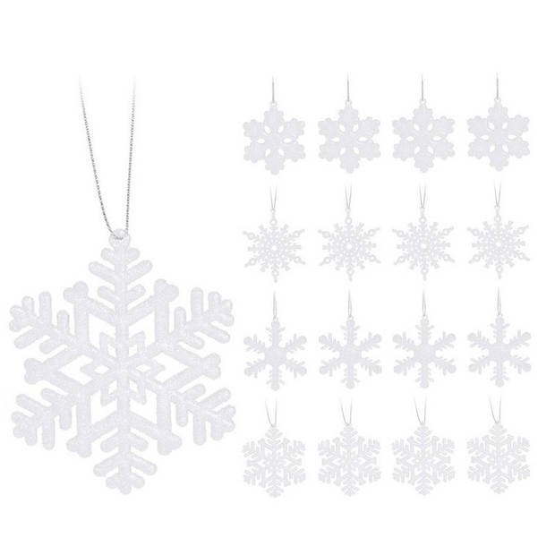 16x Witte sneeuwvlok/ijsster kerstornamenten kerst hangers 10 cm met glitters - Kersthangers