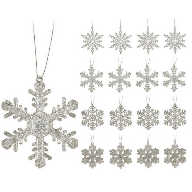 16x Zilveren sneeuwvlok/ijsster kerstornamenten kerst hangers 10 cm met glitters - Kersthangers