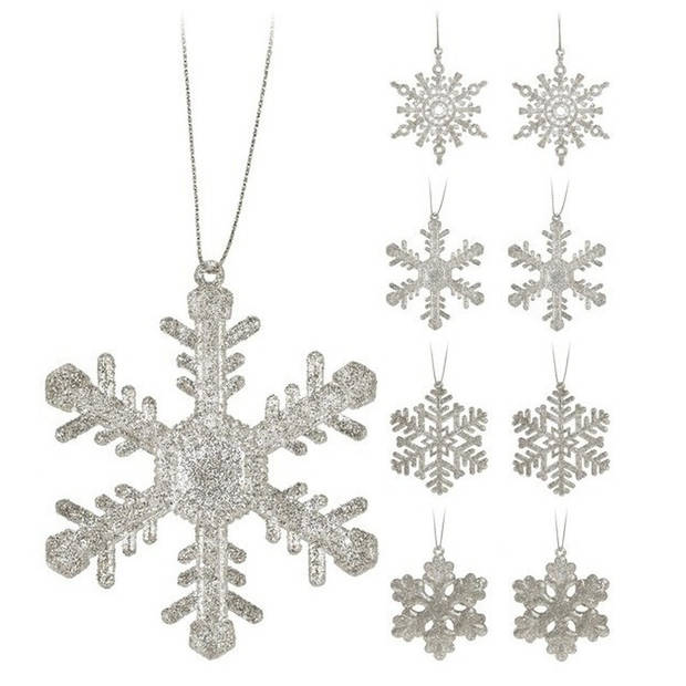 Kersthangers - 8 ST - sneeuwvlokken - zilverkleurig - glitter - 10 cm - Kersthangers