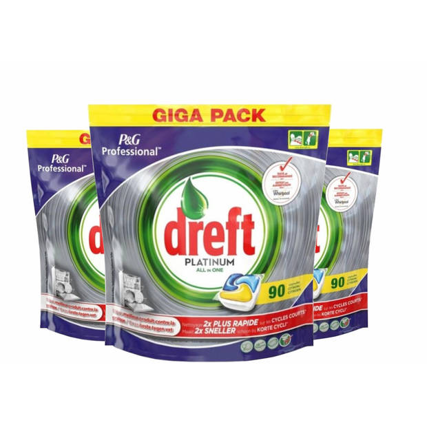 Dreft Platinum All-in-One Vaatwastabletten Lemon - 3x90 Stuks - Voordeelverpakking