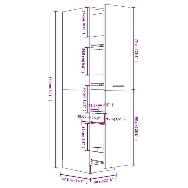 vidaXL Apothekerskast 30x42,5x150 cm bewerkt hout sonoma eikenkleurig