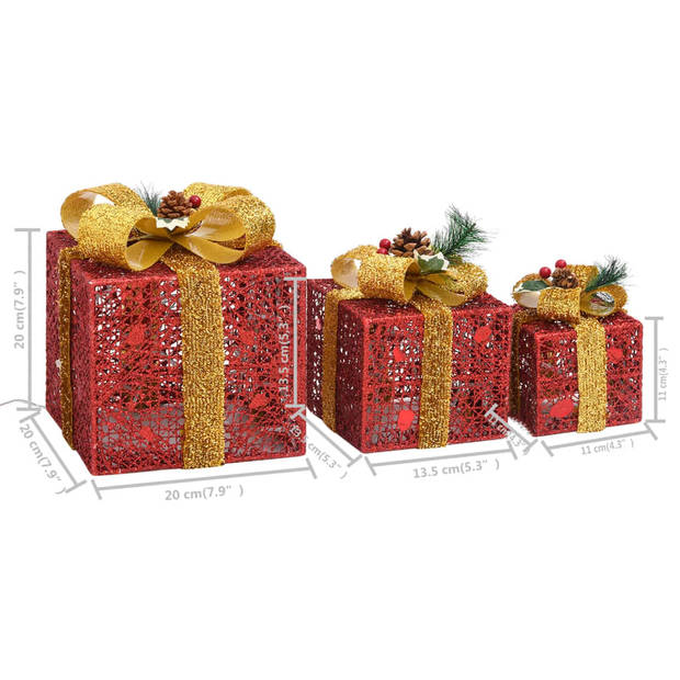 The Living Store Kerstgeschenkdozen - Rood en Goud - 60 LEDs - 20x20x20cm (L) - 13.5x13.5x13.5cm (M) - 11x11x11cm