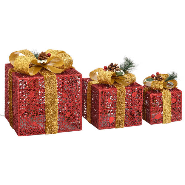 The Living Store Kerstgeschenkdozen - Rood en Goud - 60 LEDs - 20x20x20cm (L) - 13.5x13.5x13.5cm (M) - 11x11x11cm