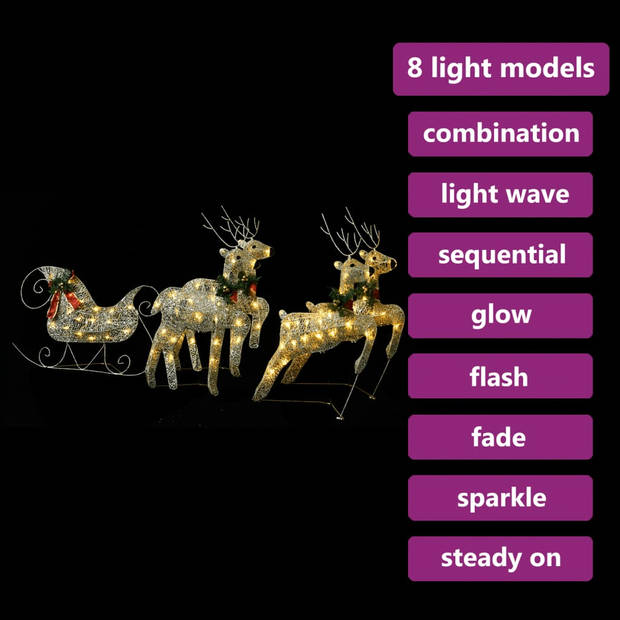 The Living Store Kerstversiering - Rendieren met arrenslee - LED-verlichting - Weerbestendig - Gaas/metaal - 240