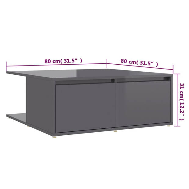 The Living Store Salontafel - Woonkamer - 80x80x31 cm - Hoogglans Grijs - Spaanplaat Montage vereist