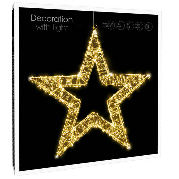 Metalen krans/verlichte decoratie ster met warm wit licht 38 cm - kerstverlichting figuur