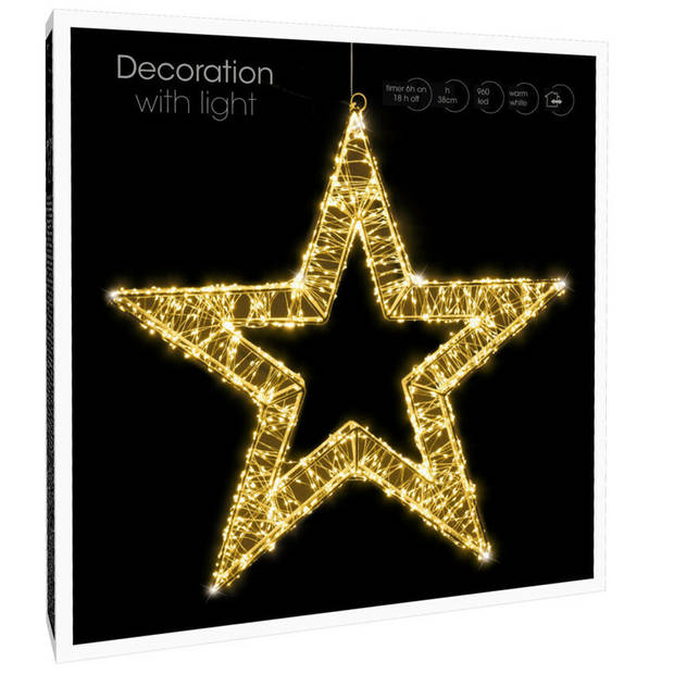 Verlichte decoratie ster - warm wit - 960 leds - 38 cm - metaal - krans - timer - kerstverlichting figuur