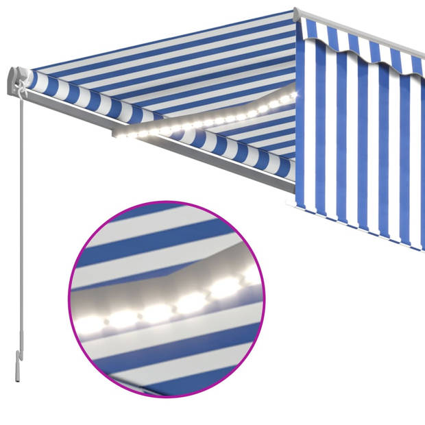 vidaXL Luifel met rolgordijn, LED en windsensor 4,5x3 m blauw en wit