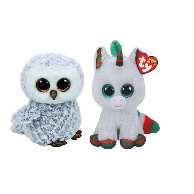 Ty - Knuffel - Beanie Boo's - Owlette Owl & Christmas Unicorn