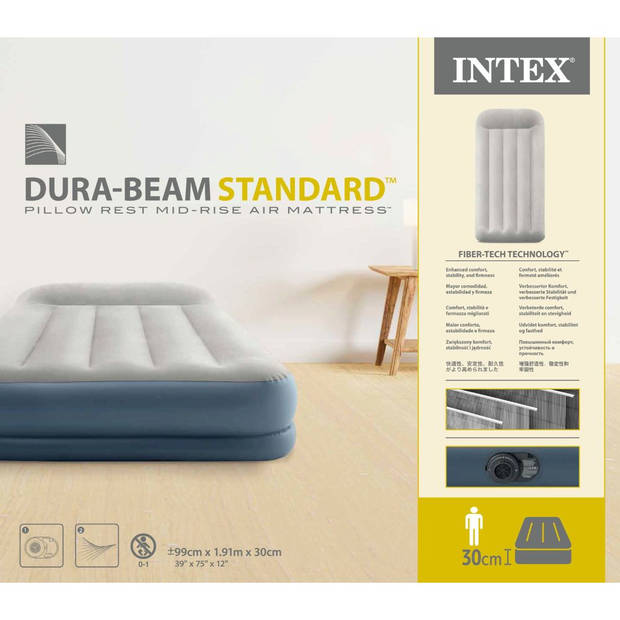 Intex Pillow Rest Mid-Rise - Luchtbed - 1-Persoons - 99x191x30 cm (BxLxH) - Grijs - Met ingebouwde motorpomp