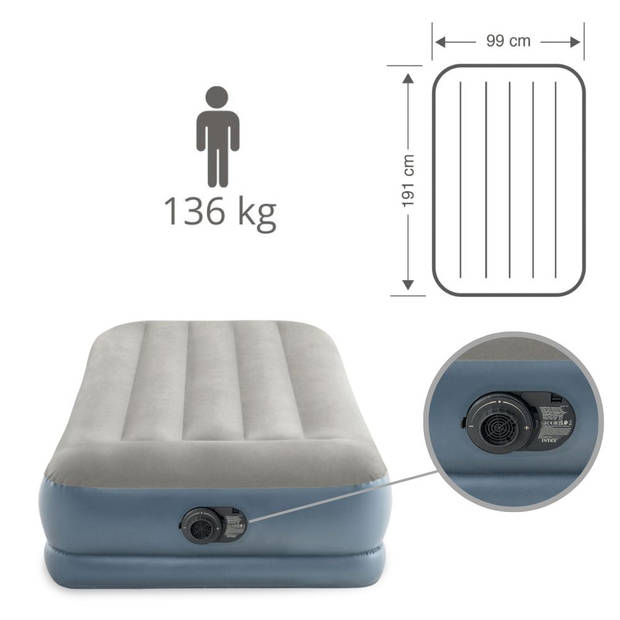 Intex Luchtbedset- 1-Persoons - 99 x 191x 30 cm - Grijs - Met Ingebouwde pomp + Hoeslaken Antraciet + Reparatieset