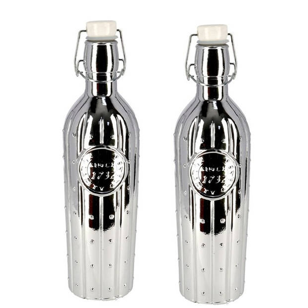 1x Glazen decoratie flessen zilver met beugeldop 1 liter - Decoratieve flessen