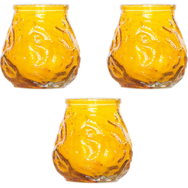 3x Gele tafelkaarsen in glazen houders 7 cm brandduur 17 uur - Waxinelichtjes