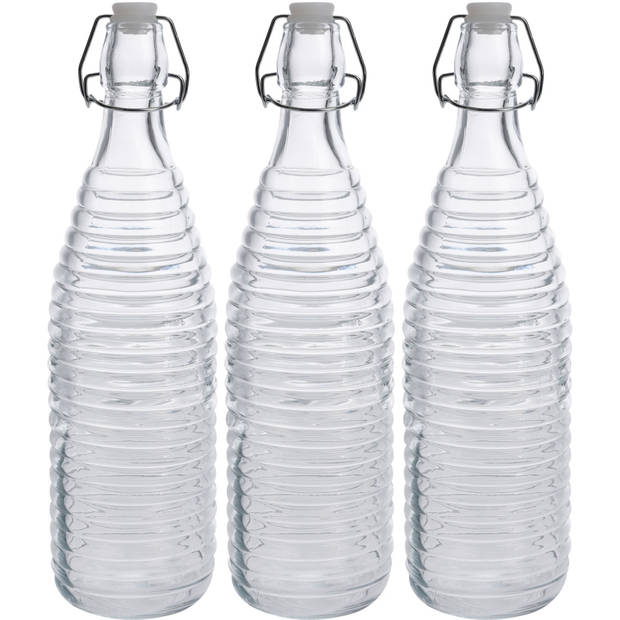 3x Glazen decoratie flessen transparant met beugeldop 1000 ml - Drinkflessen