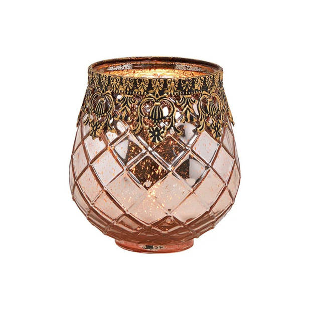 Glazen design windlicht/kaarsenhouder rose goud 13 x 14 x 13 cm - Waxinelichtjeshouders