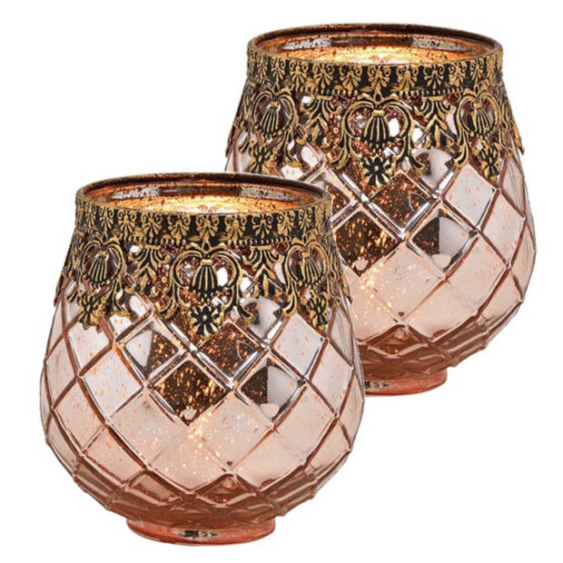 Set van 2x stuks glazen design windlicht/kaarsenhouder rose goud 13 x 14 x 13 cm - Waxinelichtjeshouders