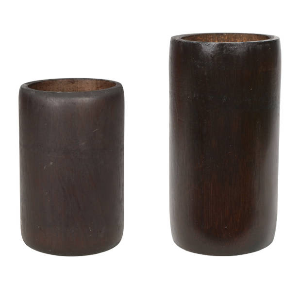 Set van 2x bamboe theelichthouders/waxinelichthouders bruin 13 en 16 cm - Waxinelichtjeshouders