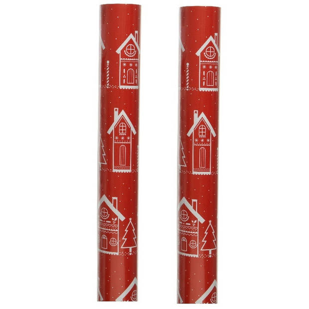 2x rollen kerst inpakpapier/cadeaupapier rood met huisjes 200 x 70 cm - Cadeaupapier
