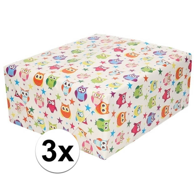 3x Cadeaupapier wit met gekleurde uiltjes 200 cm - Cadeaupapier