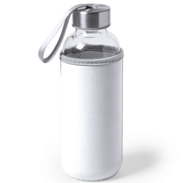 2x Stuks glazen waterfles/drinkfles met witte softshell bescherm hoes 420 ml - Drinkflessen