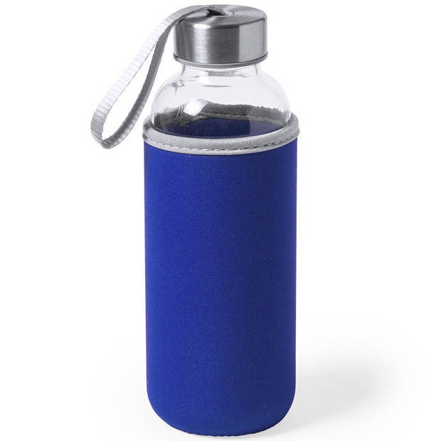 2x Stuks glazen waterfles/drinkfles met blauwe softshell bescherm hoes 420 ml - Drinkflessen