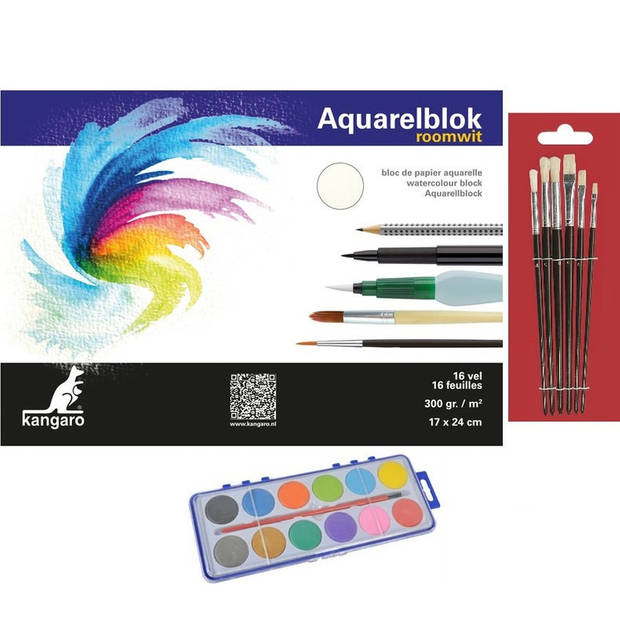 Hobby/knutselen verfset 12 kleuren op waterbasis en 7 kwasten en een aquarelblok/tekenblok 24 x 17 cm - Hobbyverf