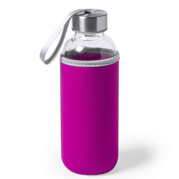 2x Stuks glazen waterfles/drinkfles met fuchsia roze softshell bescherm hoes 420 ml - Drinkflessen