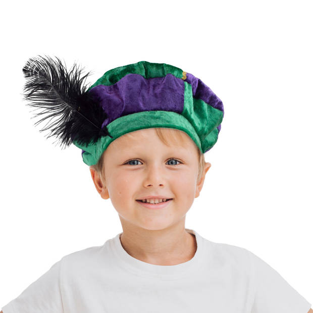 Luxe pietenmuts/baret groen/paars voor kinderen - Verkleedhoofddeksels