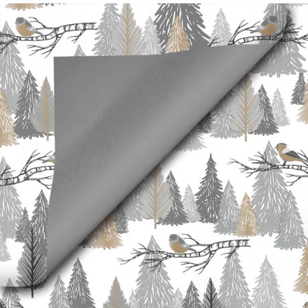 3x Rollen inpakpapier/cadeaupapier Kerst print goud/zilver vogels en bomen 250 x 70 cm luxe kwaliteit - Cadeaupapier